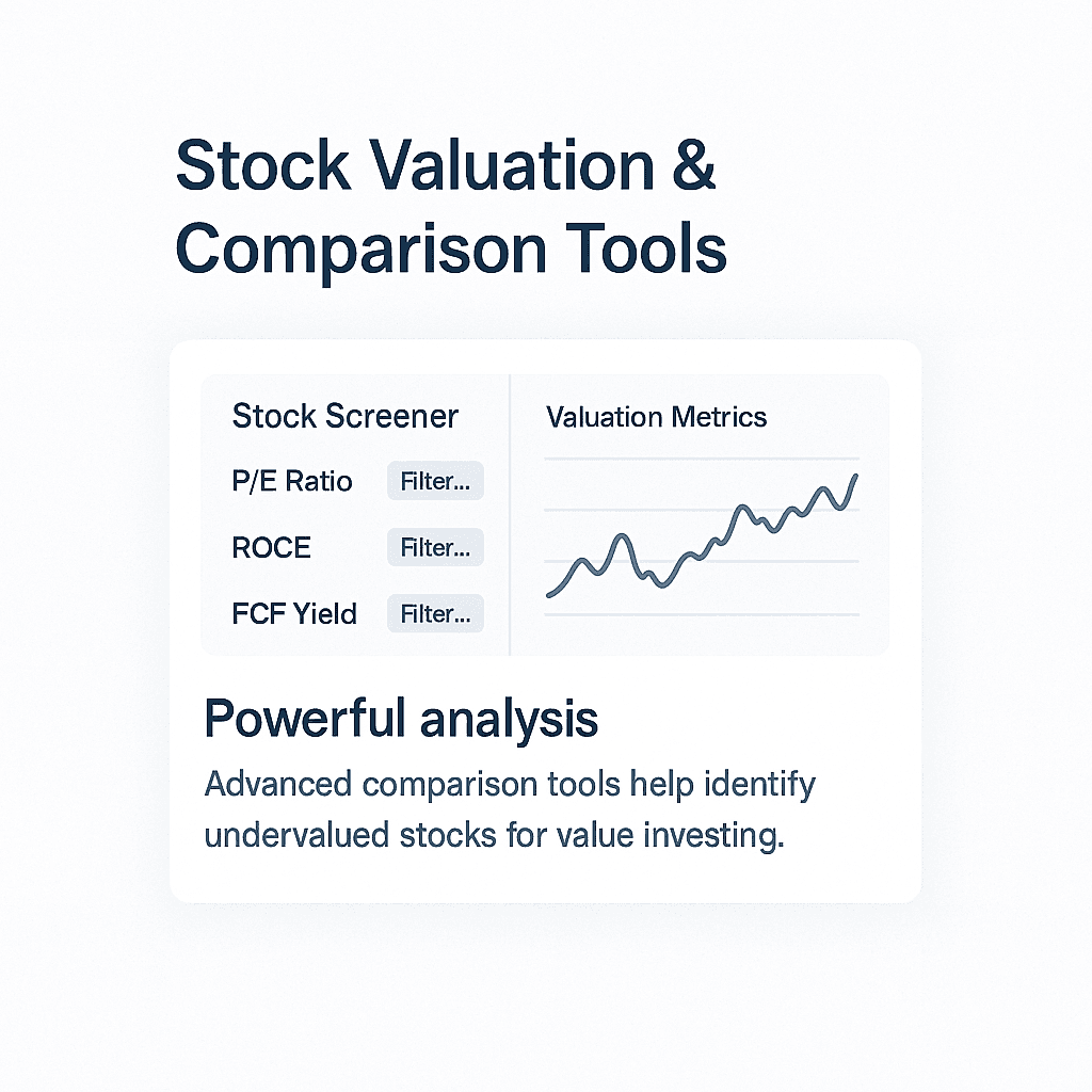 Stock valuation comparison tool showing P/E ratios, ROCE, and FCF yield metrics for value investing analysis